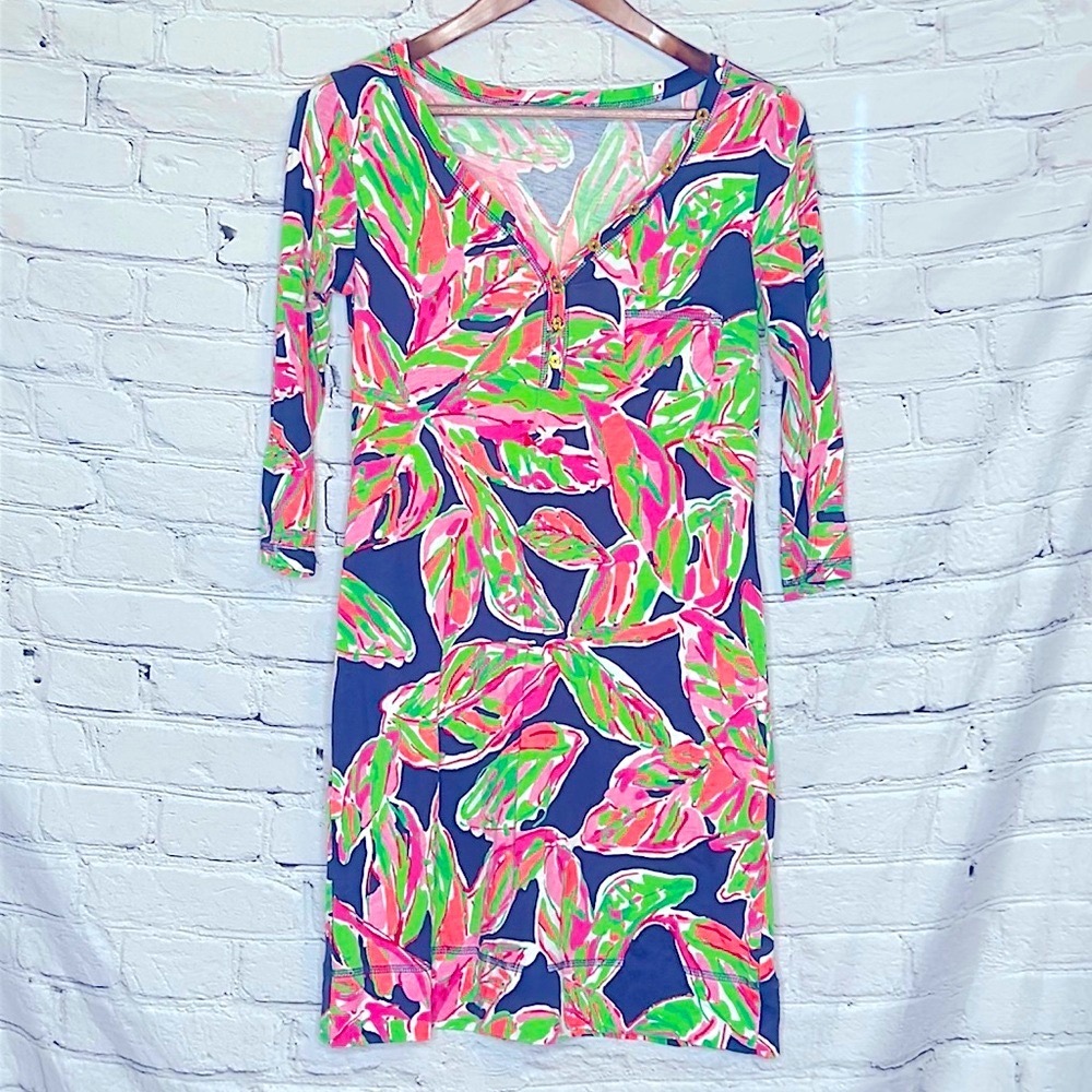 Lilly Pulitzer Blue Pink Green Gold Button 3/4 Sleeve Palmetto Dress Size Smalll